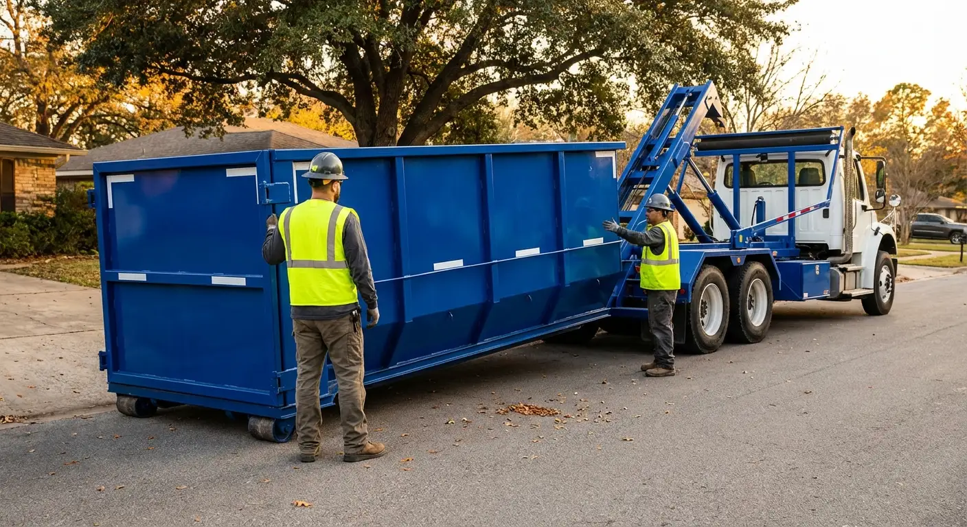 Roll-off dumpster delivery truck in operation in Lumberton, TX