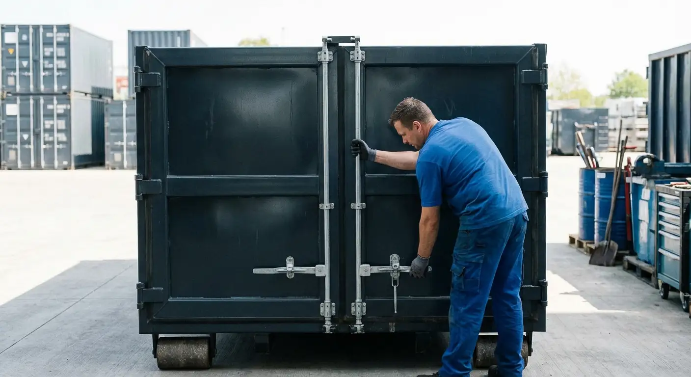 Dumpster walk-in loading door open showing easy access in Lumberton, TX