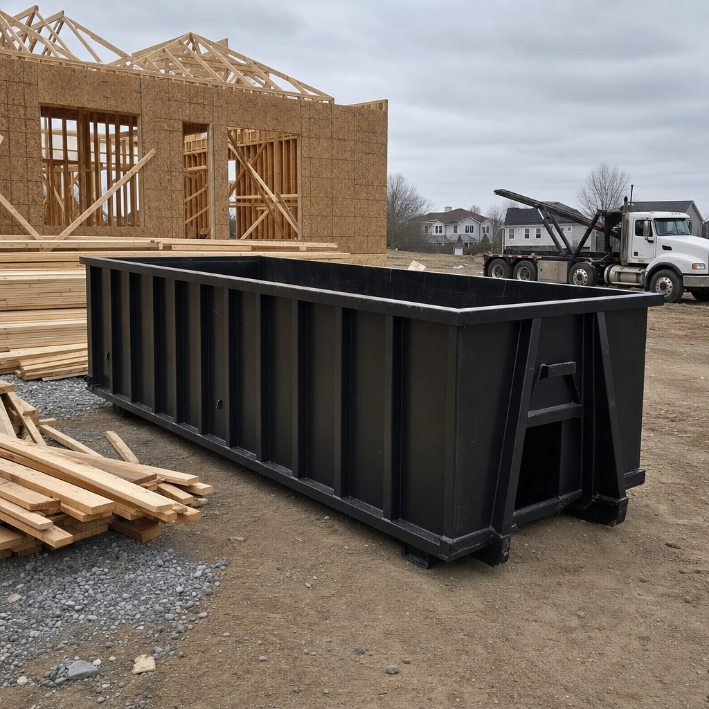 Matte-black 40-yard roll-off dumpster staged on a framed-out residential construction site in Lumberton, framing lumber stacked nearby, hooklift delivery truck visible in the background under bright Colorado daylight