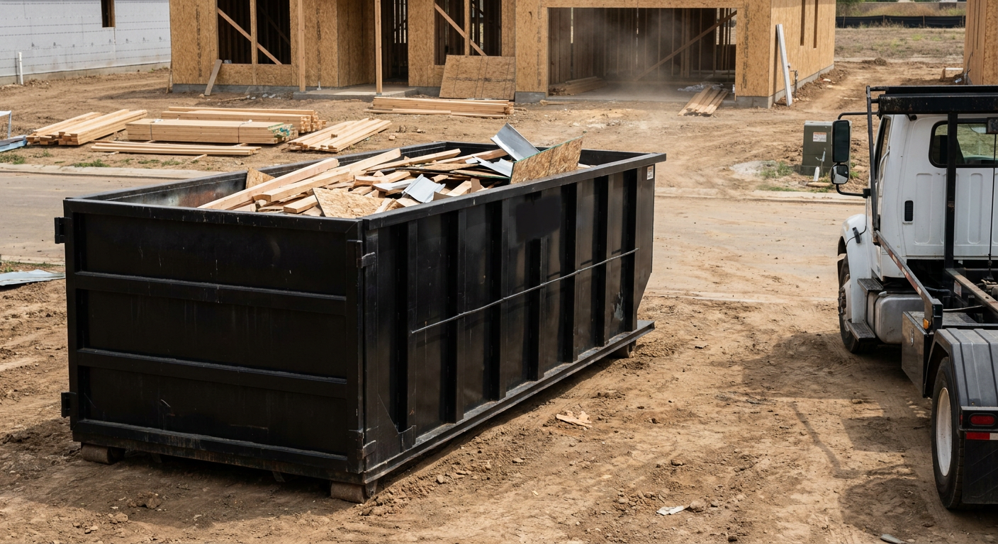 Matte-black 20-yard roll-off construction dumpster with heavy ribbed steel sidewalls and swing rear doors at a working jobsite in Lumberton, sitting directly on compacted dirt with an unmarked white hauler partially visible at the far edge of the frame.