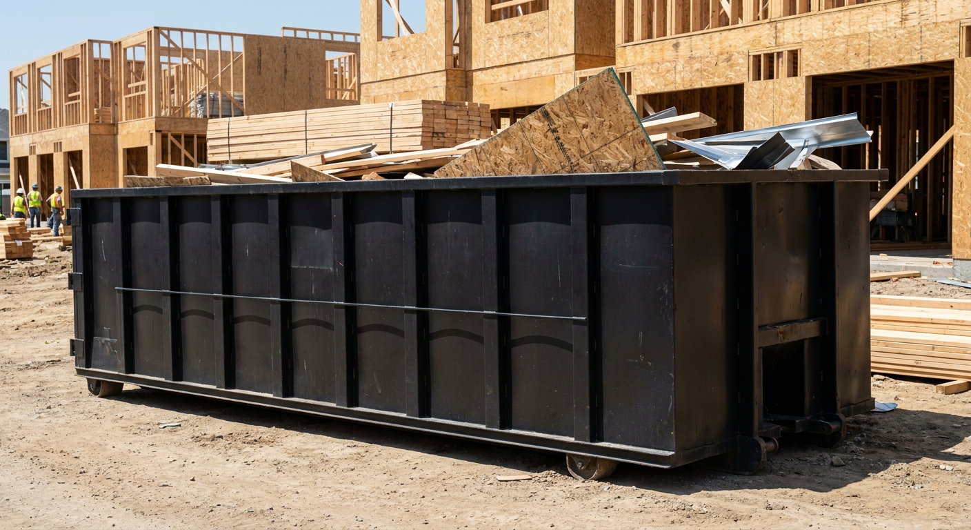Matte-black 40-yard roll-off construction dumpster being lowered from a white-cab hooklift delivery truck onto the compacted-dirt jobsite at a commercial build site in Lumberton