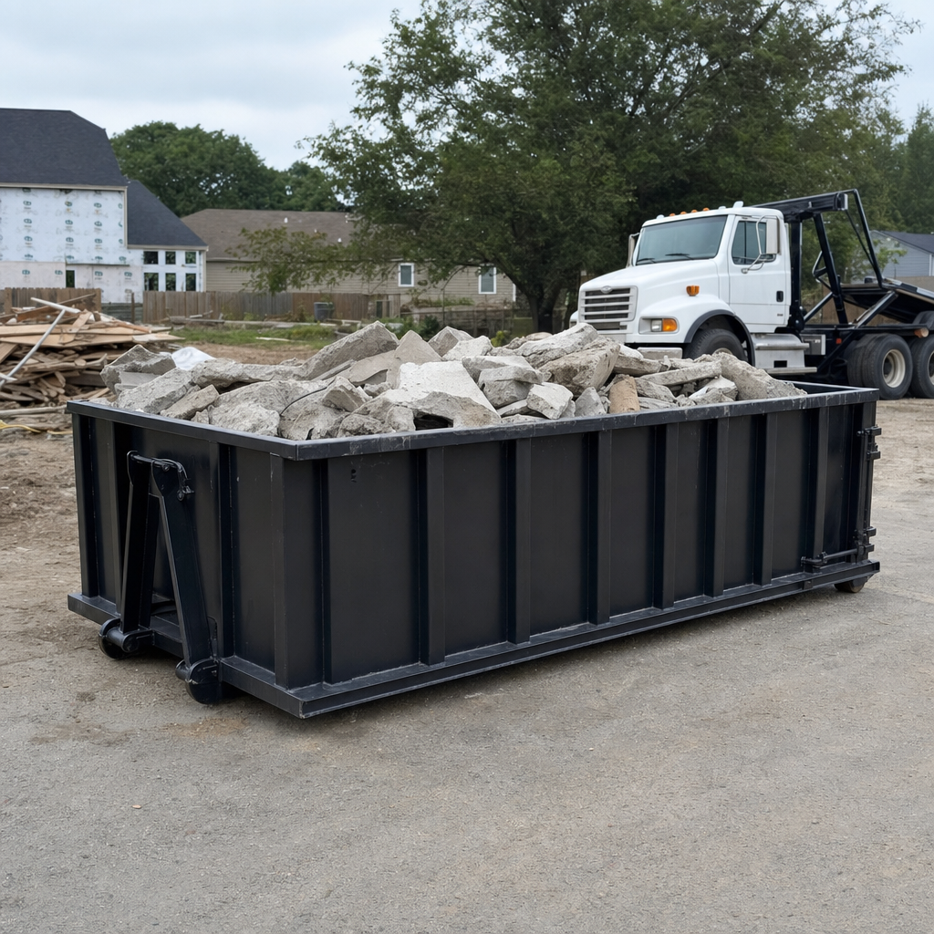 Low-profile matte-black lowboy roll-off dumpster loaded with broken concrete slab and rebar at a foundation tear-out in Lumberton, skid steer parked beside it, sunny Colorado morning