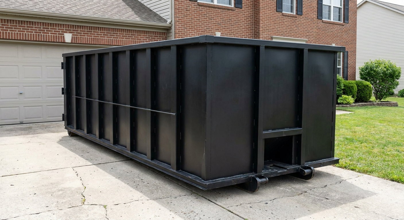 Matte-black 20-yard roll-off container on a Lumberton residential concrete driveway with reinforced ribbed steel sidewalls and a hinged rear walk-in door, clean bright daylight.