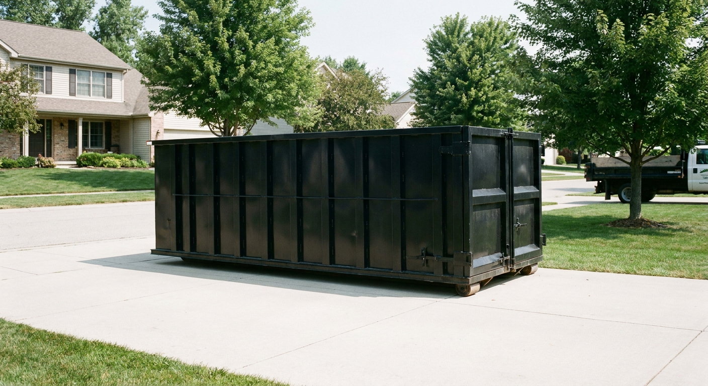 Matte-black 20-yard roll-off dumpster sitting level on a clean Lumberton residential concrete driveway under bright daylight, demonstrating clean placement directly on the concrete.
