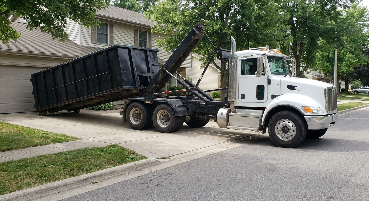 White-cab hooklift roll-off truck actively lowering a matte-black dumpster onto a Lumberton residential concrete driveway, the dumpster's rear wheels touching the driveway as the hoist arm tilts the bed forward, mid-morning daylight.