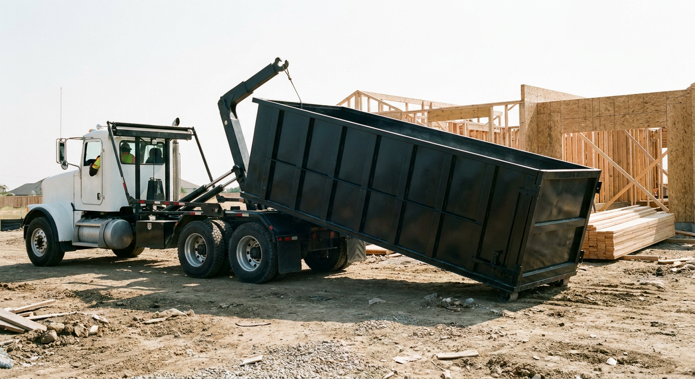 Matte-black roll-off dumpster being delivered onto a clean residential concrete driveway in Lumberton by an unmarked white hooklift hauler truck, bright morning daylight, documentary 35mm perspective.