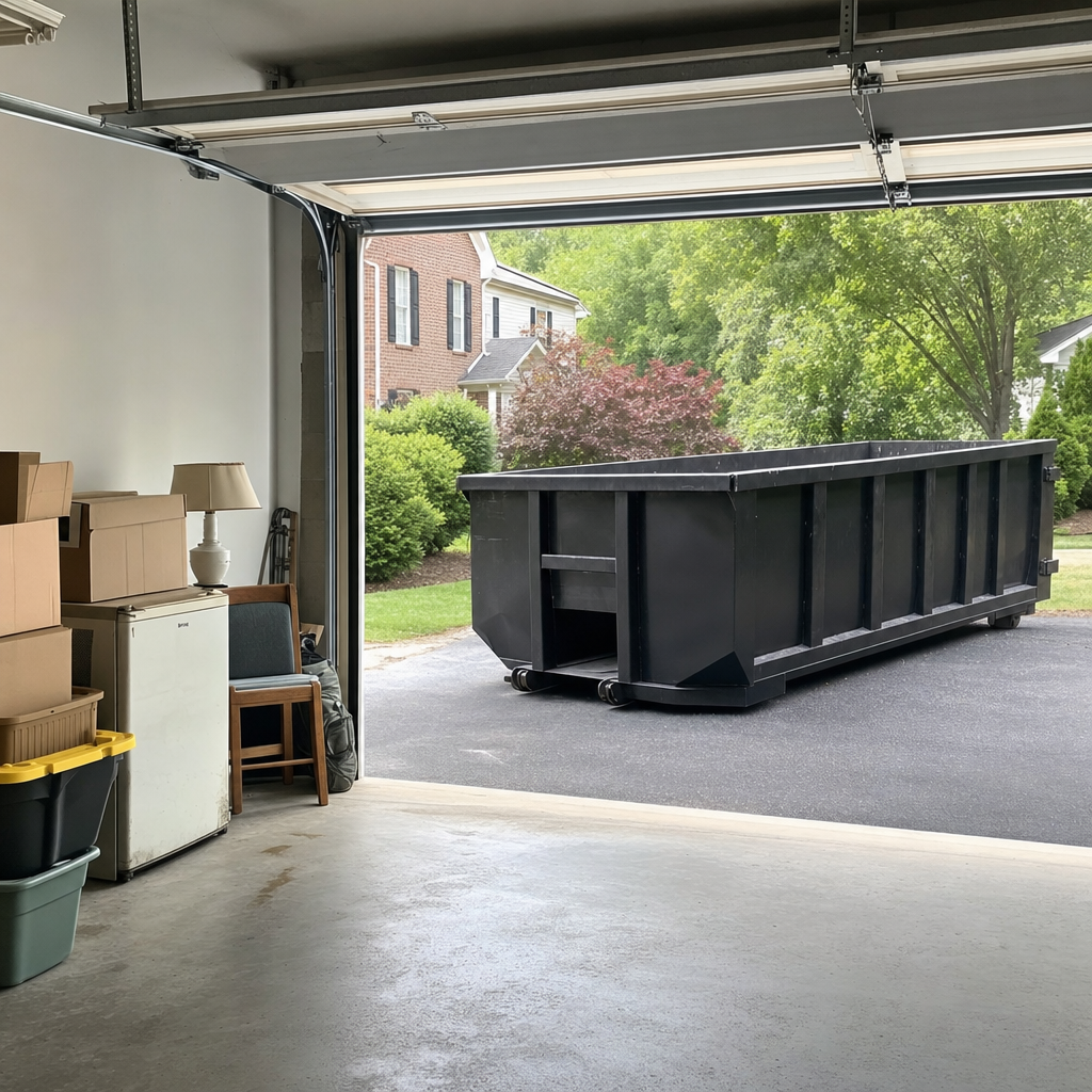 Open garage interior in a Lumberton home mid-cleanout — boxed items, an old appliance, and stacked yard tools queued near the driveway for a matte-black roll-off dumpster, organized and calm