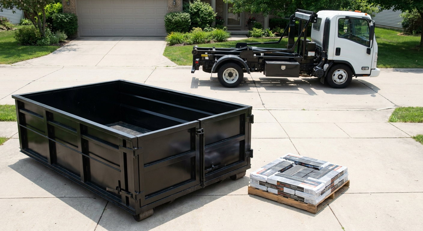 Matte-black 15-yard roofing roll-off dumpster with reinforced low side walls sitting directly on a Lumberton residential concrete driveway, three-tab asphalt shingle bundles stacked nearby, an unmarked white hauler truck partially visible at the edge of the frame.