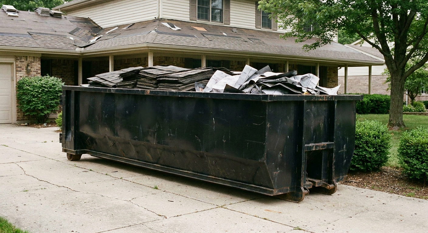 Matte-black 30-yard roofing roll-off dumpster sitting directly on a Lumberton concrete driveway, taller ribbed steel side panels, mixed tear-off debris of asphalt shingles and underlayment inside, professional documentary daylight.