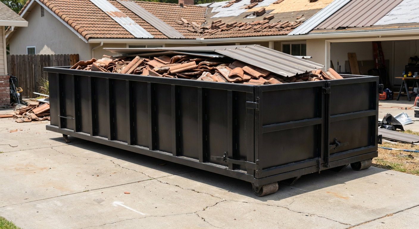 Matte-black low-wall heavy-debris roofing roll-off dumpster sitting directly on a Lumberton concrete driveway, broken concrete clay roof tiles and metal panel sections loaded inside, reinforced ribbed steel side walls visible, bright outdoor daylight.