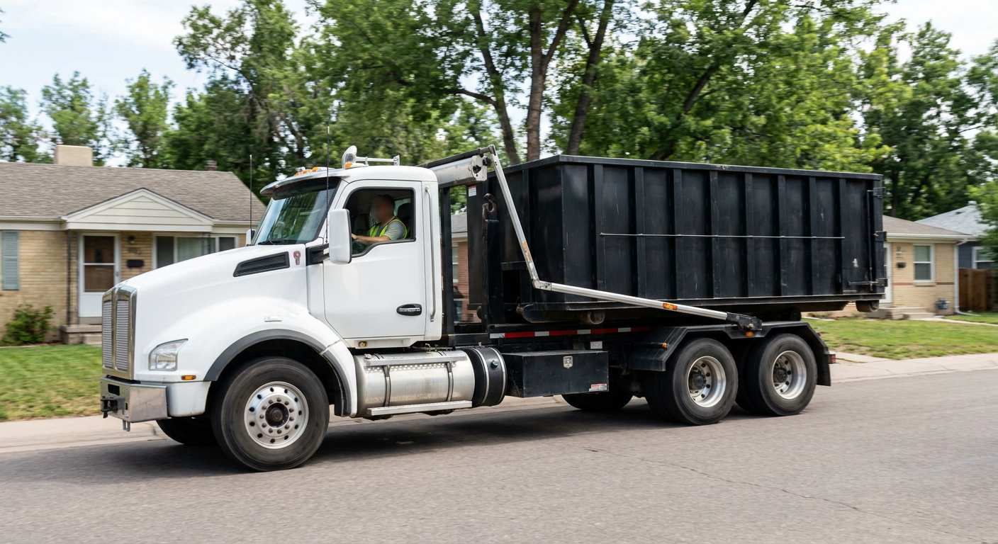 A wide documentary shot of a matte-black roll-off delivery truck pulling onto a quiet Lumberton residential street at mid-morning, with neighborhood rooftops and tree-lined blocks visible behind, showing the metro coverage footprint.