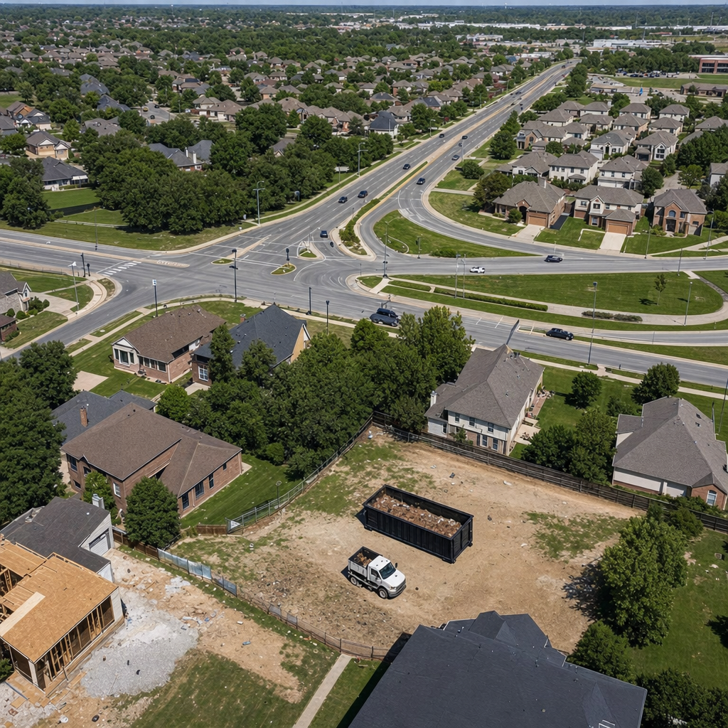 An overhead documentary view of the Lumberton metro area at midday, showing the spread of neighborhoods, arterial roads, and the dispatch radius from a central yard — clean daylight, organized geographic layout.