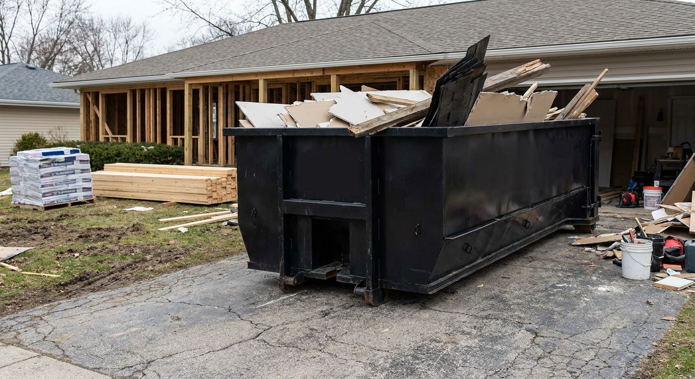 A matte-black 20-yard roll-off dumpster placed alongside a mid-renovation Lumberton home directly on the asphalt driveway, with framing materials and torn-off shingles staged neatly nearby.